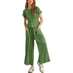 Womens 2 Piece Smocked Top Wide-Leg Pants Set High-Waisted Lounge Outfit with Pockets Casual Boho Matching Set in Saudi Arabia