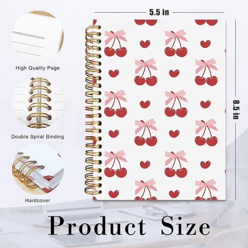 Pink Cherry Noteboor ، Preppy Coquette مبطن دوامة الكمبيوتر المحمول ، الكلية المحكم المحكم ، دفتر دفتر مجلة School Journal للعمل ، 5.5x8.3 بوصة 80 صفحة ، هدايا للنساء في سن المراهقة فتاة in Kuwait