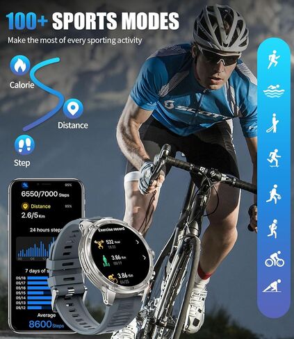Military Smart Watches for Men with 710mAh Battery/Flashlight/50M Waterproof/1.85" HD Large Screen,100+ Sports Fitness Tracker Watch,Pedometer Mens Smart Watch for Android iPhone in Saudi Arabia