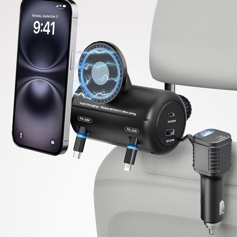 OHLPRO Backseat Retractable Car Charger Station, 6-in-1 Charging Box with Car Headrest Magnetic Mount Holder, 2-Port PD 20W/QC 20W Cigarette Lighter Adapter Fit for All Phones,Uber,Lyft,Taxi,Rideshare in Saudi Arabia