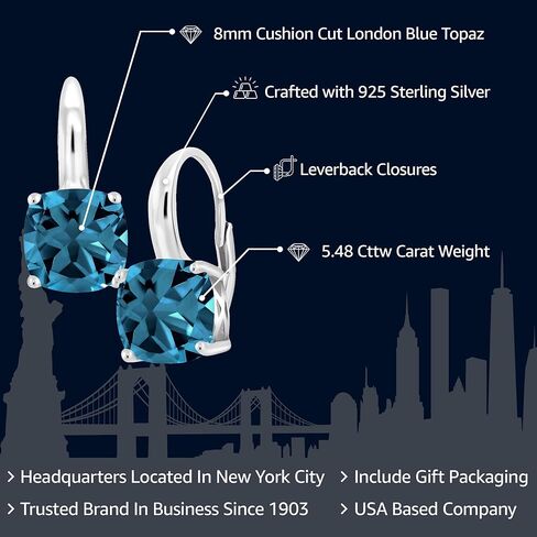 Gem Stone King 925 Sterling Silver Swiss Blue Topaz Earrings For Women | 5.48 Cttw | Gemstone Birthstone | Cushion Cut 8MM in Saudi Arabia