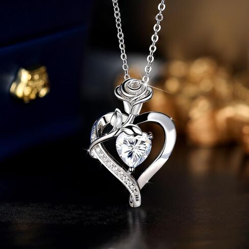 S925 Sterling Silver Rose Flower Dainty Birthstone Heart Necklaces Gifts for Women Jewelry Anniversary Valentines Day Birthday Gifts for Wife Girlfriend Mom in Saudi Arabia
