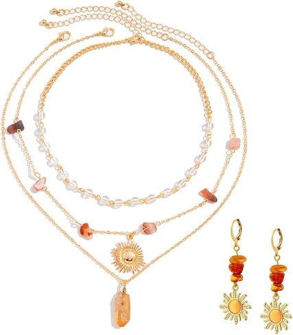 Crystal Layered Necklaces for Women Hippie Boho Necklaces with Earrings Sun Pendant Gold Jewelry Set in Kuwait