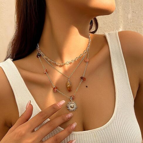 Crystal Layered Necklaces for Women Hippie Boho Necklaces with Earrings Sun Pendant Gold Jewelry Set in Kuwait