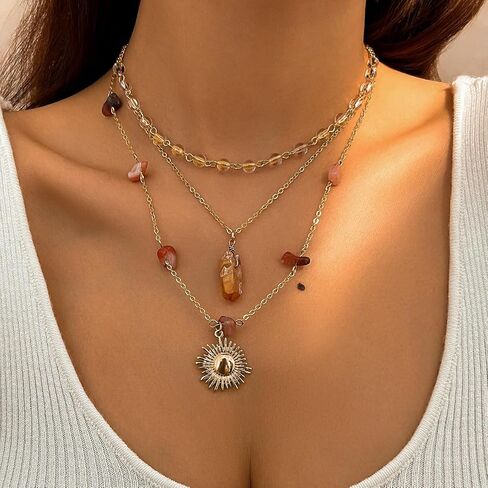 Crystal Layered Necklaces for Women Hippie Boho Necklaces with Earrings Sun Pendant Gold Jewelry Set in Kuwait