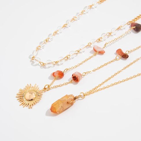 Crystal Layered Necklaces for Women Hippie Boho Necklaces with Earrings Sun Pendant Gold Jewelry Set in Kuwait