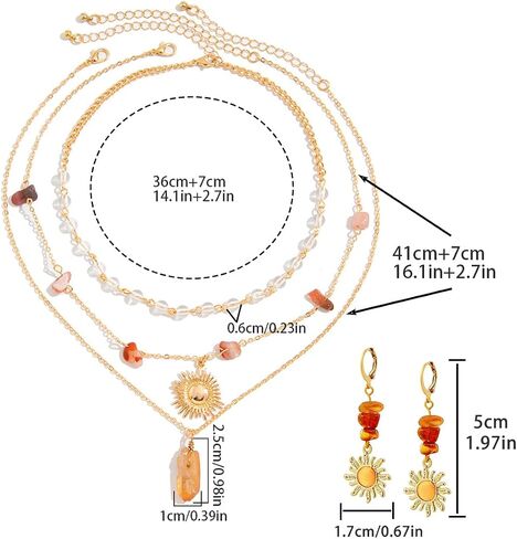 Crystal Layered Necklaces for Women Hippie Boho Necklaces with Earrings Sun Pendant Gold Jewelry Set in Kuwait