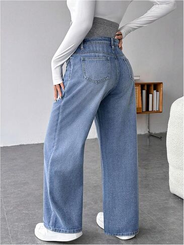 MakeMeChic Women's Maternity Jeans Rib Knitted Straight Leg Pregnancy Denim Pants in Saudi Arabia