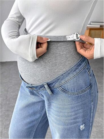 MakeMeChic Women's Maternity Jeans Rib Knitted Straight Leg Pregnancy Denim Pants in Saudi Arabia