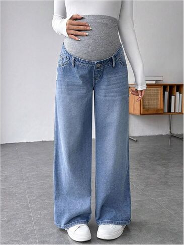 MakeMeChic Women's Maternity Jeans Rib Knitted Straight Leg Pregnancy Denim Pants in Saudi Arabia
