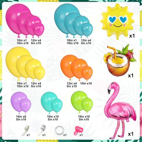 Tropical Balloons Arch Garland Kit, Luau Flamingo Summer Beach Party Decorations Hot Pink Green Orange Blue Balloons Palm Leaves for Hawaiian Aloha Pool Baby Shower Wedding Birthday Supplies in Kuwait