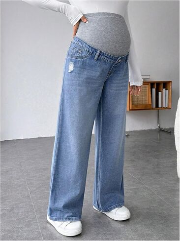MakeMeChic Women's Maternity Jeans Rib Knitted Straight Leg Pregnancy Denim Pants in Saudi Arabia