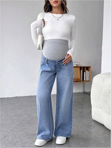 MakeMeChic Women's Maternity Jeans Rib Knitted Straight Leg Pregnancy Denim Pants in Saudi Arabia