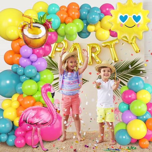 Tropical Balloons Arch Garland Kit, Luau Flamingo Summer Beach Party Decorations Hot Pink Green Orange Blue Balloons Palm Leaves for Hawaiian Aloha Pool Baby Shower Wedding Birthday Supplies in Kuwait