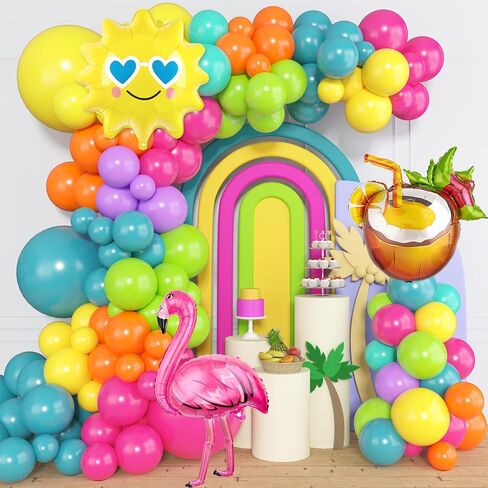 Tropical Balloons Arch Garland Kit, Luau Flamingo Summer Beach Party Decorations Hot Pink Green Orange Blue Balloons Palm Leaves for Hawaiian Aloha Pool Baby Shower Wedding Birthday Supplies in Kuwait