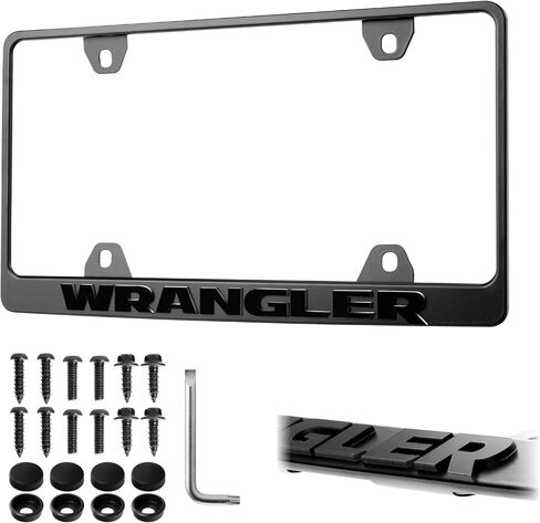 Wrangler License Plate Frame – Stealth Black Powder Coat UV Resistant Rust-Proof Steel Plate Holder - One Piece - Compatible with 1987-2025 Wrangler SUV (3D RAISED LETTERS with MOUNTING HARDWARE) in Saudi Arabia