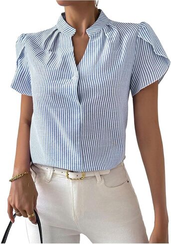 SweatyRocks Women's Striped Blouse Puff Short Sleeve Collar V Neck Office Work Shirts in Saudi Arabia
