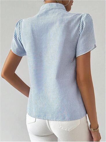 SweatyRocks Women's Striped Blouse Puff Short Sleeve Collar V Neck Office Work Shirts in Saudi Arabia