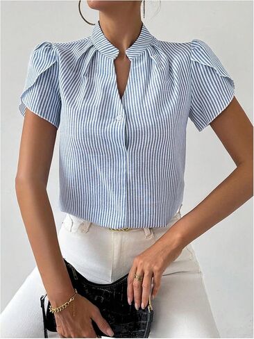 SweatyRocks Women's Striped Blouse Puff Short Sleeve Collar V Neck Office Work Shirts in Saudi Arabia
