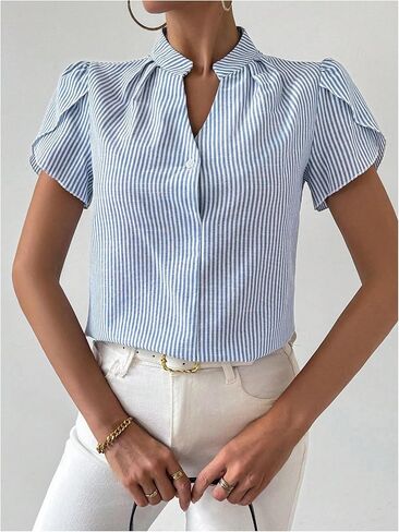 SweatyRocks Women's Striped Blouse Puff Short Sleeve Collar V Neck Office Work Shirts in Saudi Arabia