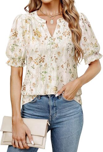 Unixseque Womens Summer Tops Business Casual Puff Sleeve Blouses V Neck Knit Shirts in Kuwait