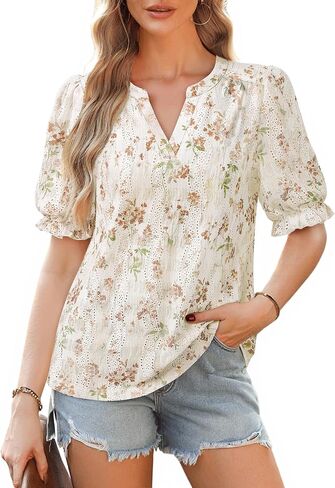 Unixseque Womens Summer Tops Business Casual Puff Sleeve Blouses V Neck Knit Shirts in Kuwait