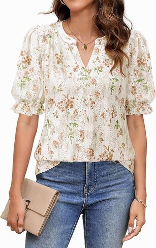 Unixseque Womens Summer Tops Business Casual Puff Sleeve Blouses V Neck Knit Shirts in Kuwait