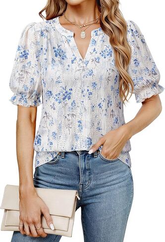 Unixseque Womens Summer Tops Business Casual Puff Sleeve Blouses V Neck Knit Shirts in Kuwait