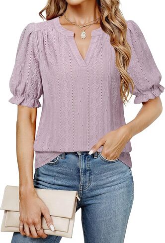 Unixseque Womens Summer Tops Business Casual Puff Sleeve Blouses V Neck Knit Shirts in Kuwait