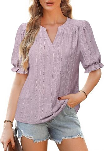 Unixseque Womens Summer Tops Business Casual Puff Sleeve Blouses V Neck Knit Shirts in Kuwait
