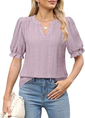 Unixseque Womens Summer Tops Business Casual Puff Sleeve Blouses V Neck Knit Shirts in Kuwait