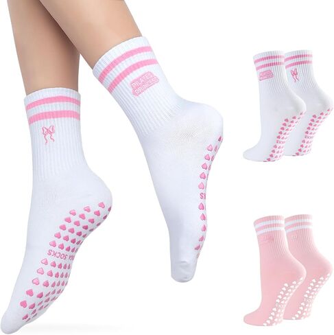 Pilates Socks for Women, Non Slip Grips Yoga Socks Cute Bowknot Embroidery for Ballet Barefoot Workout in Kuwait