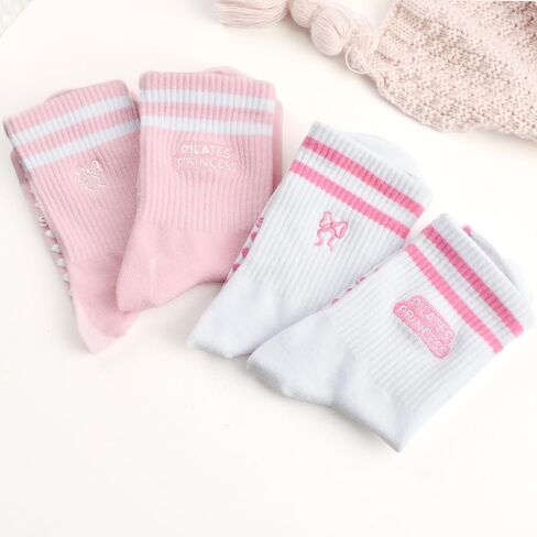 Pilates Socks for Women, Non Slip Grips Yoga Socks Cute Bowknot Embroidery for Ballet Barefoot Workout in Kuwait