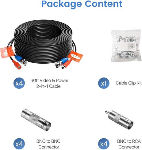 60ft All-in-One Video Power Cables, BNC Extension Surveillance Camera Cables for CCTV Security DVR System Installation, Included BNC Connectors and Cable Clips in Saudi Arabia