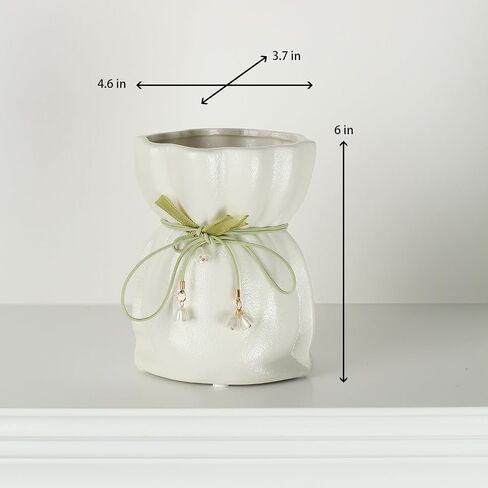 Decorative Ceramic Vase with Ribbon Tie and Pendants, White 4.6 x 6 inches (White Small) in Saudi Arabia