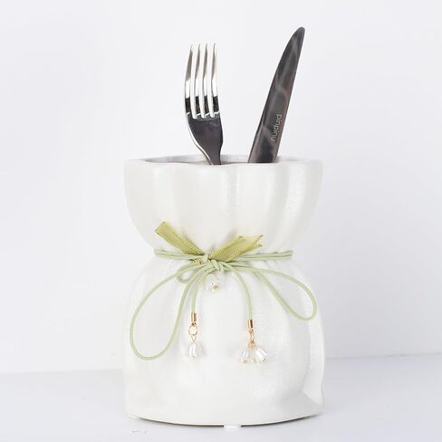 Decorative Ceramic Vase with Ribbon Tie and Pendants, White 4.6 x 6 inches (White Small) in Saudi Arabia
