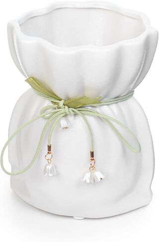 Decorative Ceramic Vase with Ribbon Tie and Pendants, White 4.6 x 6 inches (White Small) in Saudi Arabia
