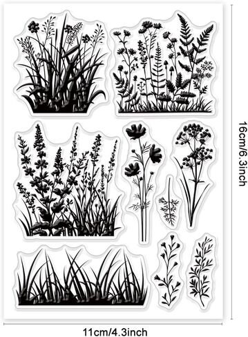 GLOBLELAND Wildflower Meadow Silhouette Clear Stamp Vintage Flowers Plants Clear Rubber Stamps Silicone Stamps for DIY Scrapbooking Photo Album Decorative Cards Making Home Decoration 6.3x4.33inch in Saudi Arabia