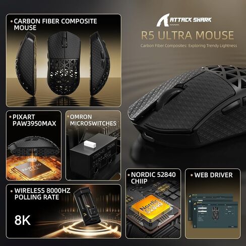 ATTACK SHARK R5 Ultra Carbon Fiber Wireless Gaming Mouse,39g Superlight Hollowed-Out,PAW3950MAX Optical Sensor Nordic 52840 MCU 8K Polling 42K DPI,Tri-Mode Programmable Mice with Coiled Cable-Black in Kuwait