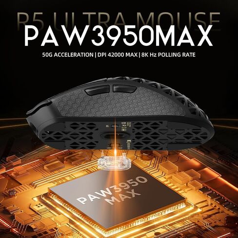 ATTACK SHARK R5 Ultra Carbon Fiber Wireless Gaming Mouse,39g Superlight Hollowed-Out,PAW3950MAX Optical Sensor Nordic 52840 MCU 8K Polling 42K DPI,Tri-Mode Programmable Mice with Coiled Cable-Black in Kuwait