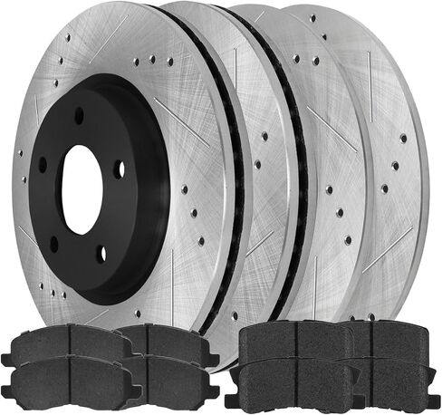AutoShack Front & Rear Drilled & Slotted Brake Rotors Premium Ceramic Brake Pads | Replacement for 2007-2013 Mitsubishi Outlander 2.4L 3.0L V6 AWD FWD | E-Coated | 12-PC Brake Kit | ShadowGuard in Saudi Arabia