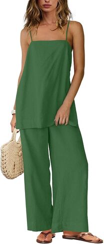 Yanekop Linen Sets for Women 2 Piece Pants Summer Outfits Matching Lounge Sets Spaghetti Strap Tank Top Pants Sets in Kuwait