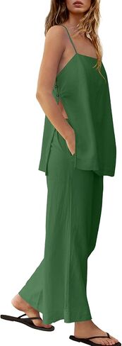 Yanekop Linen Sets for Women 2 Piece Pants Summer Outfits Matching Lounge Sets Spaghetti Strap Tank Top Pants Sets in Kuwait