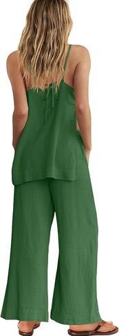 Yanekop Linen Sets for Women 2 Piece Pants Summer Outfits Matching Lounge Sets Spaghetti Strap Tank Top Pants Sets in Kuwait