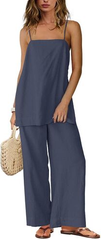 Yanekop Linen Sets for Women 2 Piece Pants Summer Outfits Matching Lounge Sets Spaghetti Strap Tank Top Pants Sets in Saudi Arabia