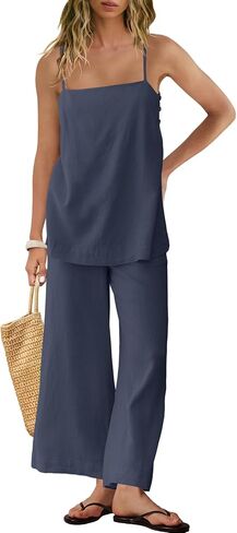 Yanekop Linen Sets for Women 2 Piece Pants Summer Outfits Matching Lounge Sets Spaghetti Strap Tank Top Pants Sets in Saudi Arabia