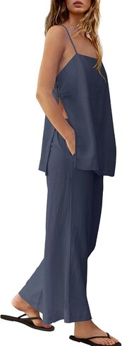 Yanekop Linen Sets for Women 2 Piece Pants Summer Outfits Matching Lounge Sets Spaghetti Strap Tank Top Pants Sets in Saudi Arabia