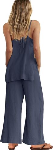 Yanekop Linen Sets for Women 2 Piece Pants Summer Outfits Matching Lounge Sets Spaghetti Strap Tank Top Pants Sets in Saudi Arabia