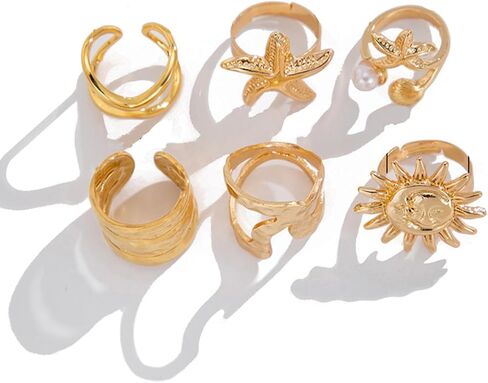 حلقات الذهب Seashell Starfish 18k مطلي بالذهب مكتنزة لذيذ مجموعة للنساء قابلة للتعديل مقاومة للماء هاواي شاطئ الخواتم القابلة للتكديس حلقات الشاطئ لأسلوب الصيف in Kuwait