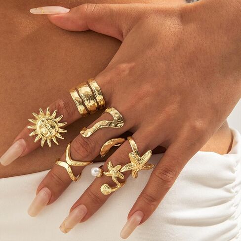 حلقات الذهب Seashell Starfish 18k مطلي بالذهب مكتنزة لذيذ مجموعة للنساء قابلة للتعديل مقاومة للماء هاواي شاطئ الخواتم القابلة للتكديس حلقات الشاطئ لأسلوب الصيف in Kuwait